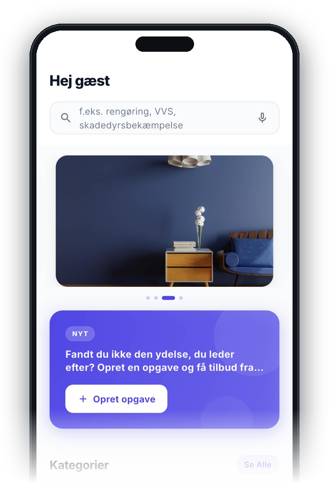 Handyfixer-appen: søg efter en ydelse, se kategorier og opret en opgave